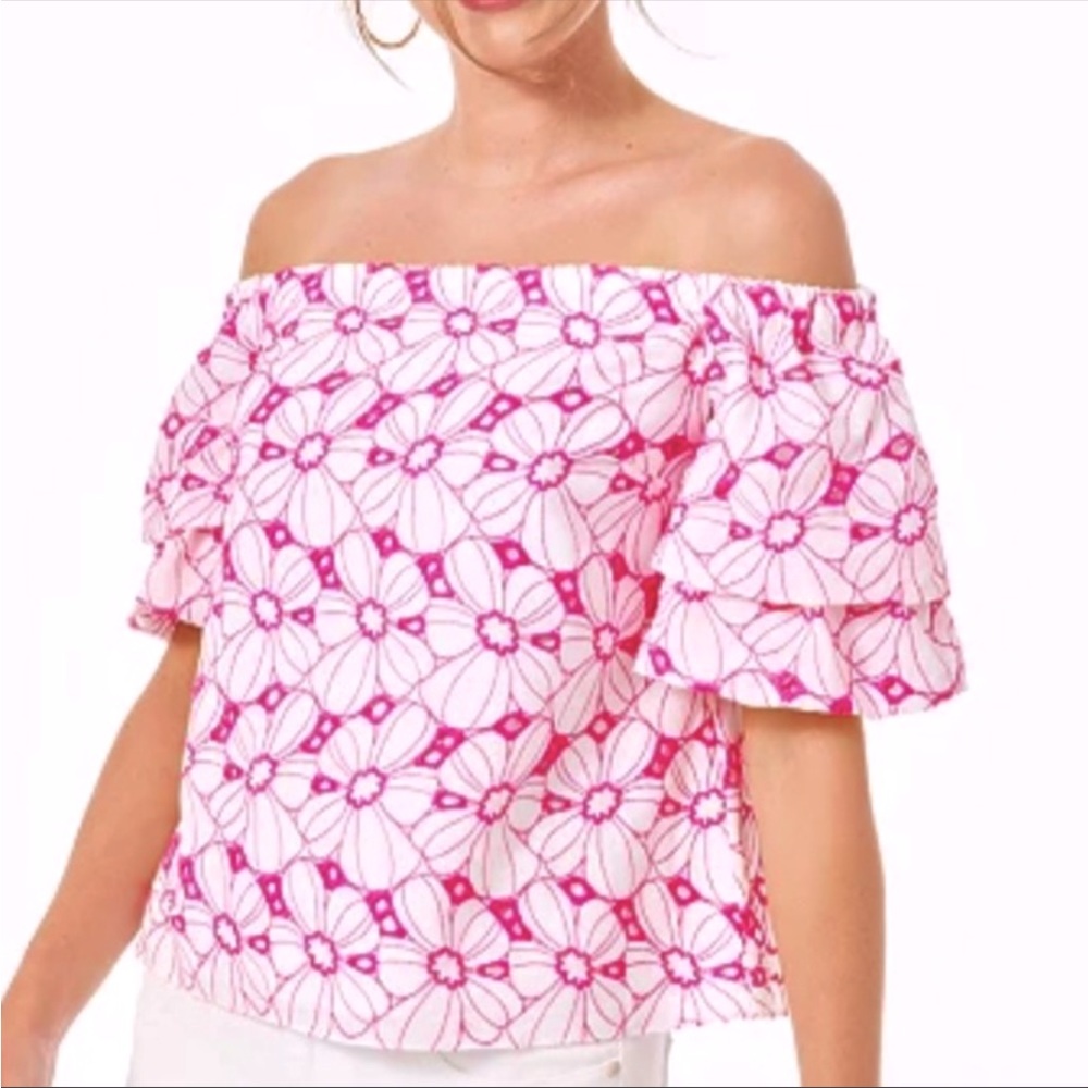 Lilly Pulitzer Lesley Top BotanicalEyelet Razberry